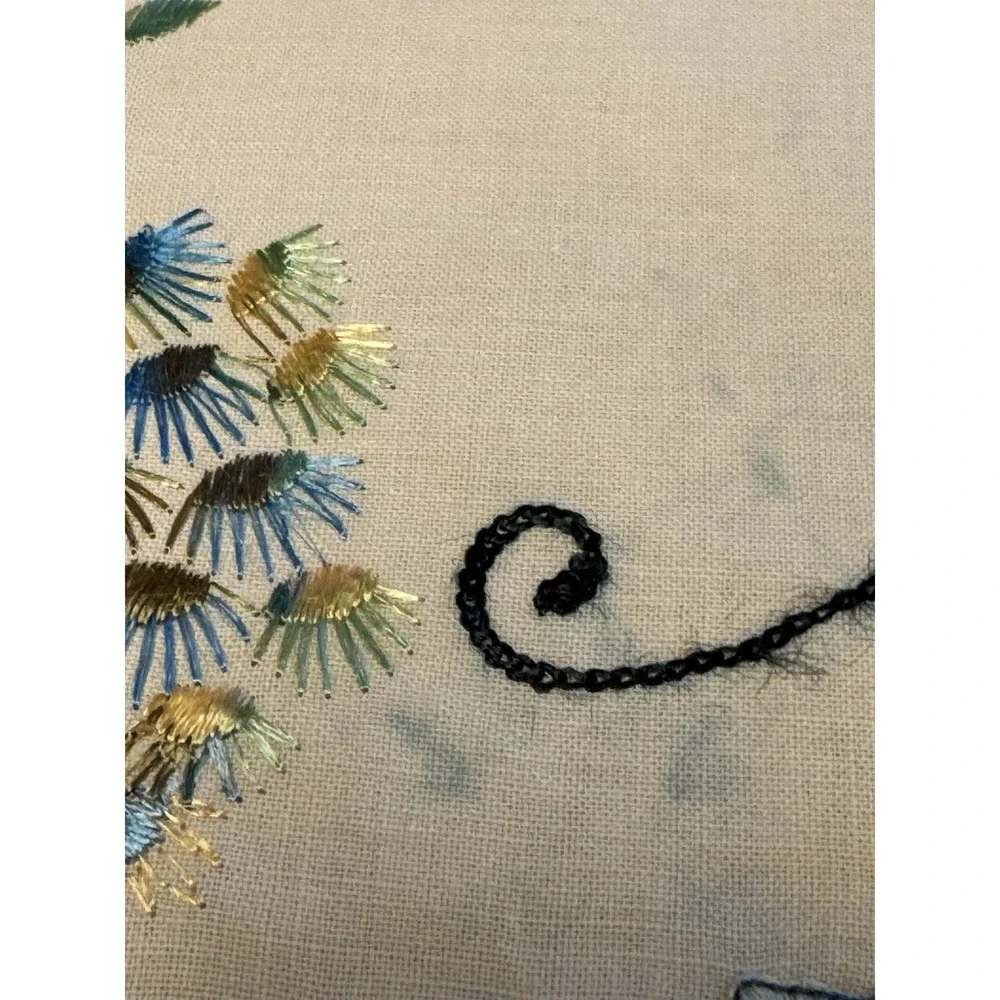 Vintage 12 in Linen Doily Blue Green Embroidered Peacock Handmade 1930-1950